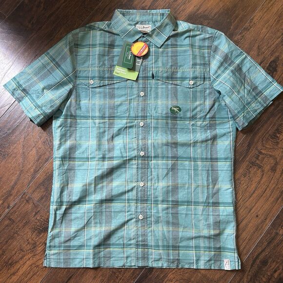 NWT LL Bean Cool Weave Shirt Mens Small 50 UPF Blue Green Plaid Wicking QuickDry - Picture 1 of 10